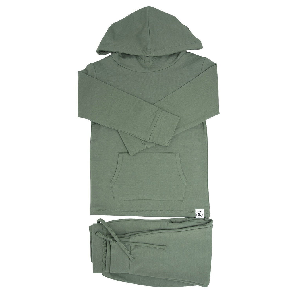 Kids' hooded jogger set, army green hoodie with pocket and matching jogger pants