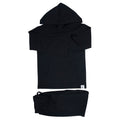 Dark black hooded jogger set with matching long sleeve hoodie and drawstring pants