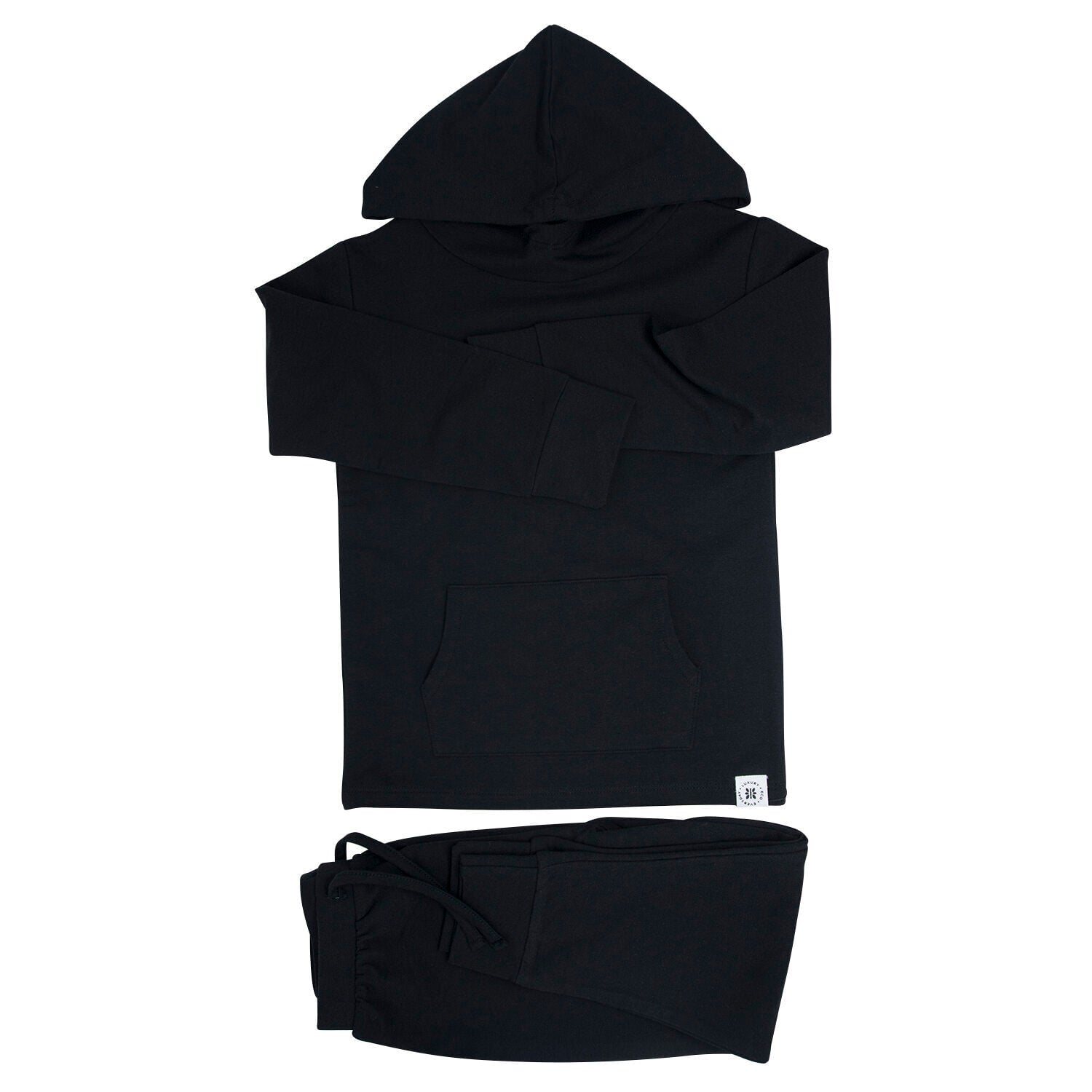 Dark black hooded jogger set with matching long sleeve hoodie and drawstring pants