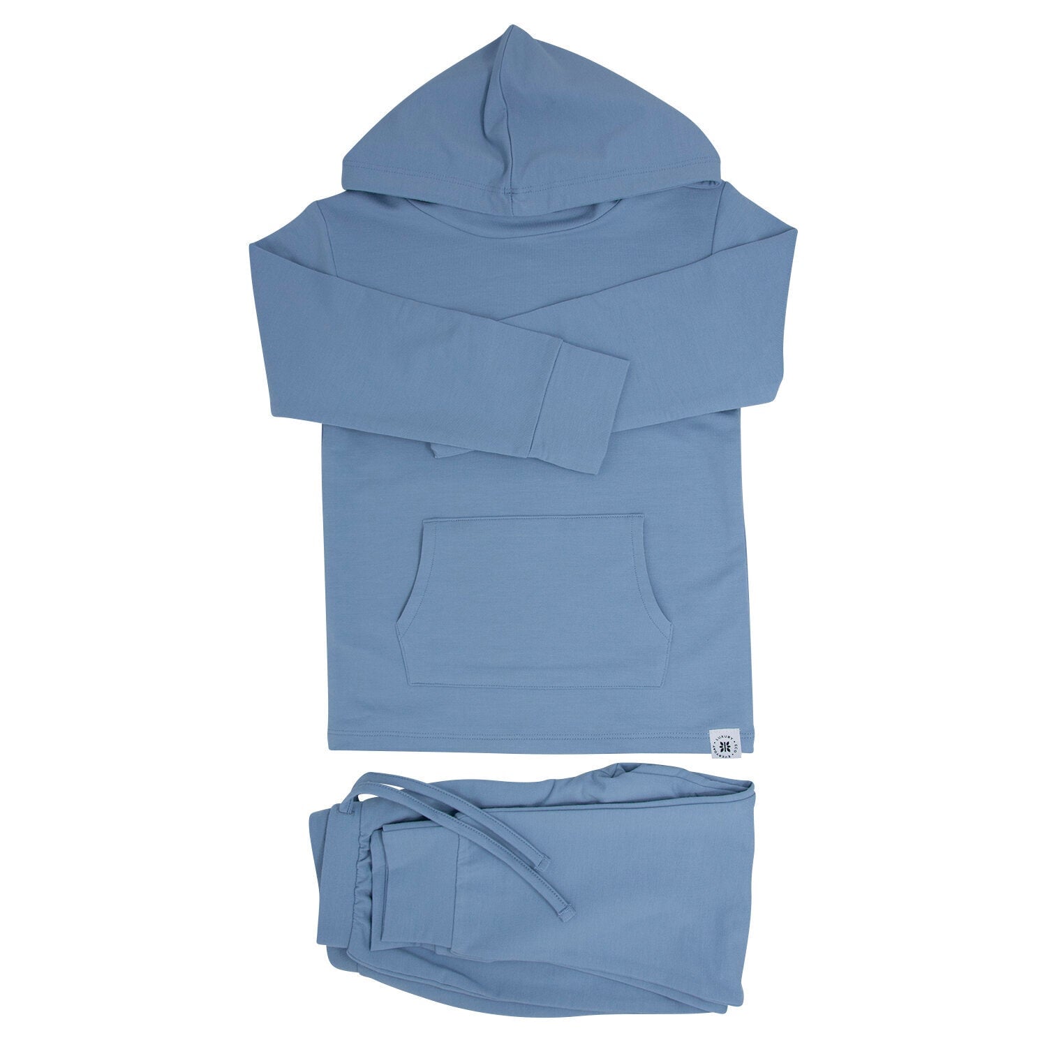Blue hooded sweatshirt and jogger pants two-piece set in French terry