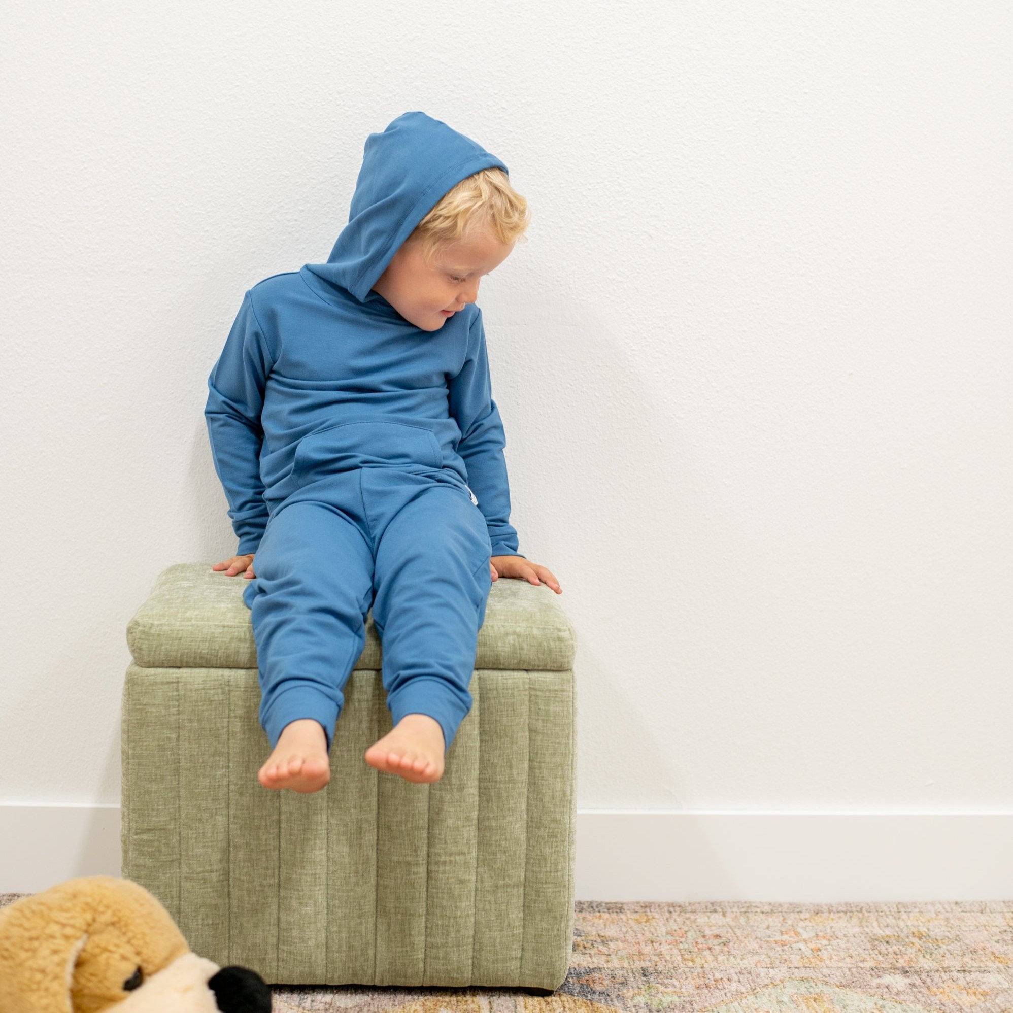 Kids blue hooded jogger set on a child, hooded long-sleeve top and jogger pants