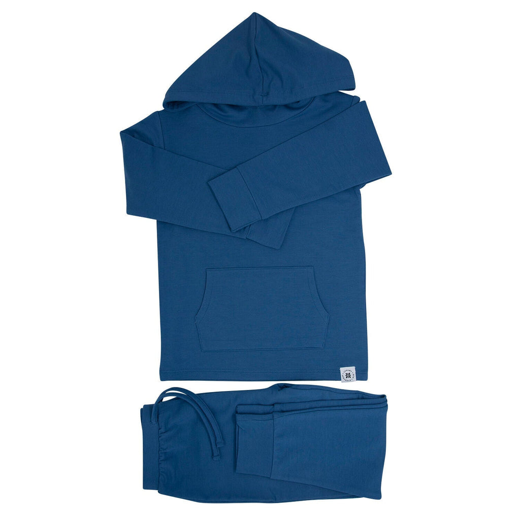 Kids hooded jogger set, blue long-sleeve hoodie and matching jogger pants, drawstring waist