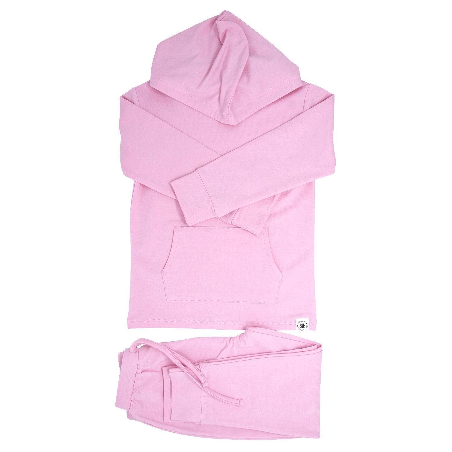 Carnation pink hooded jogger set with matching hoodie and jogger pants, laid flat
