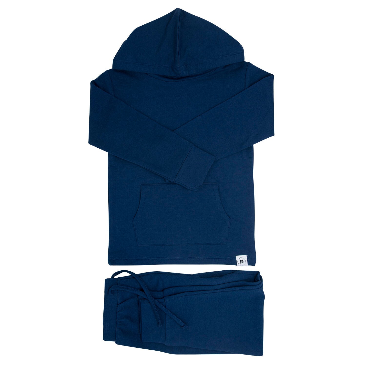 Deep navy hooded jogger set, pullover hoodie and matching drawstring joggers