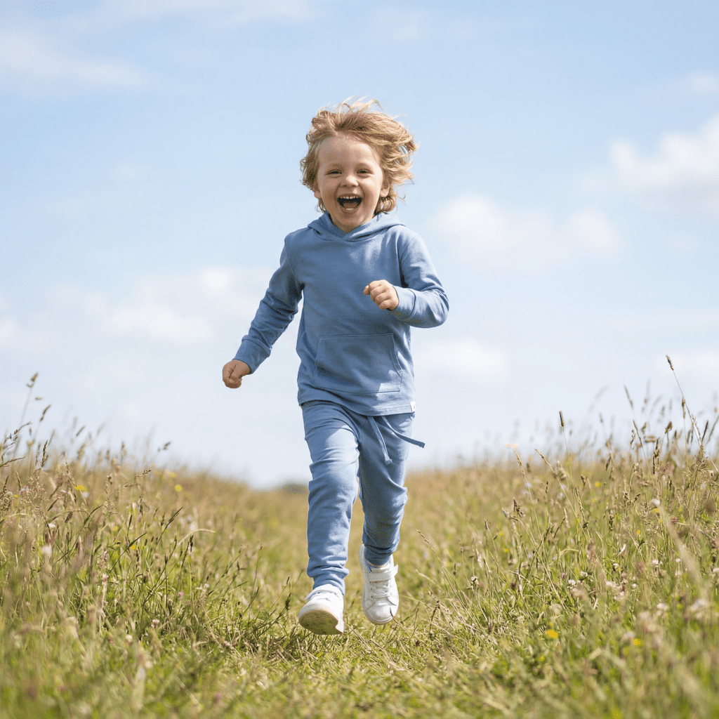 Blue hooded sweatshirt and matching jogger pants set in French terry