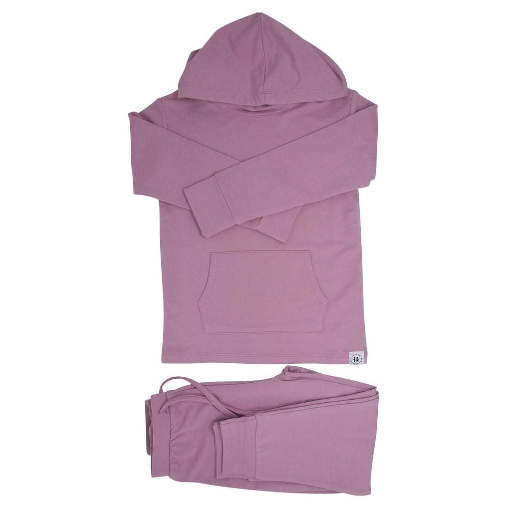 Petunia pink hooded sweatshirt and matching joggers set, folded flat