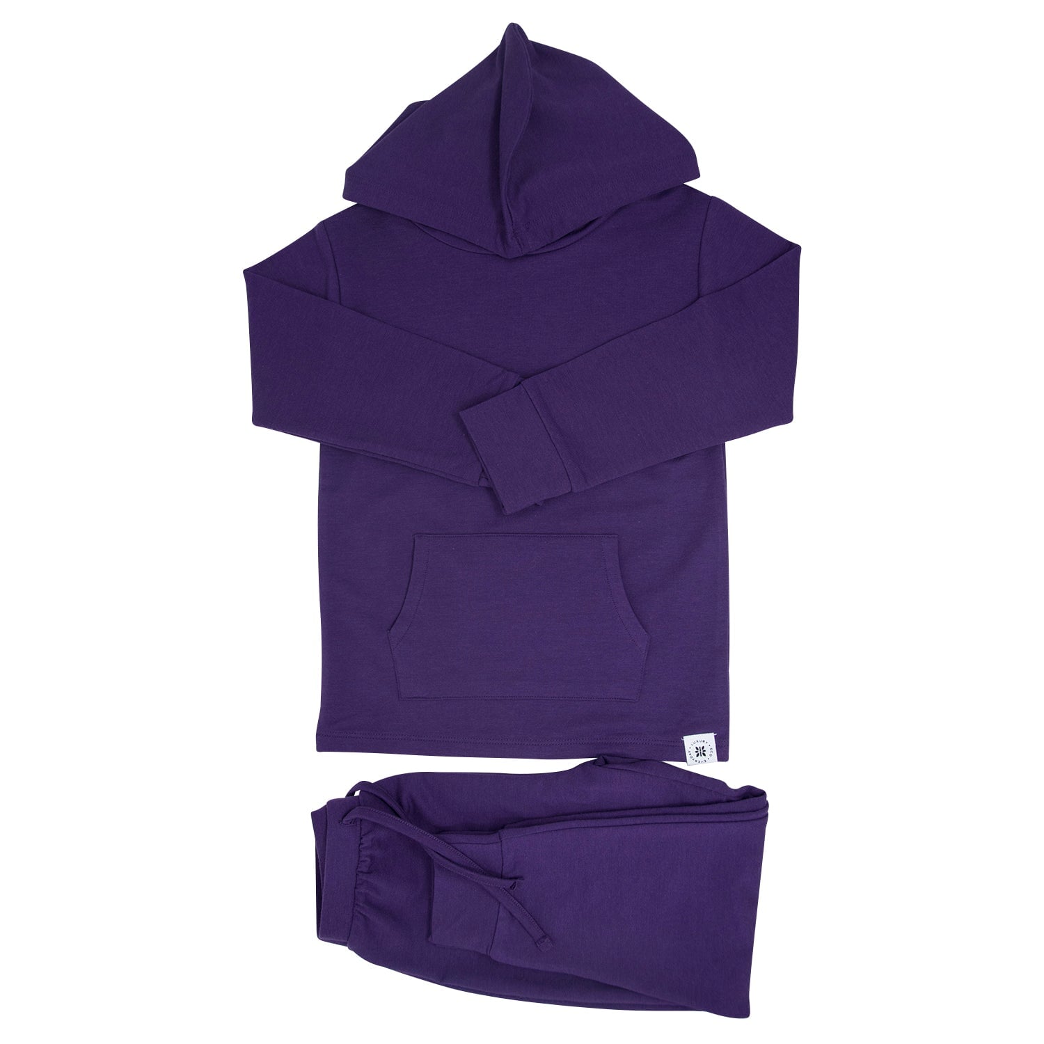 Hooded jogger set, purple hoodie and matching joggers, flat lay