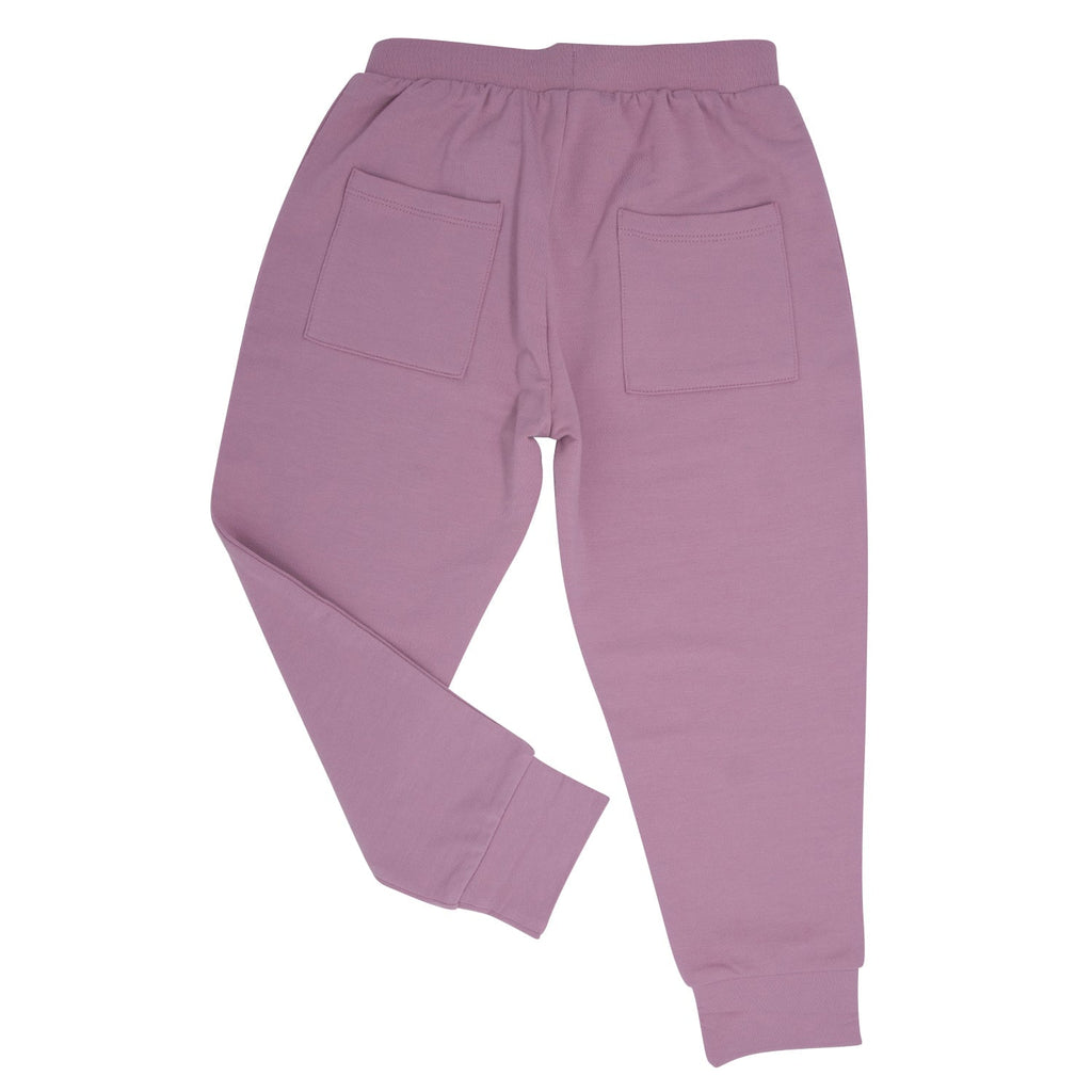 Petunia pink joggers with elastic waistband, front pockets, and ribbed cuffs