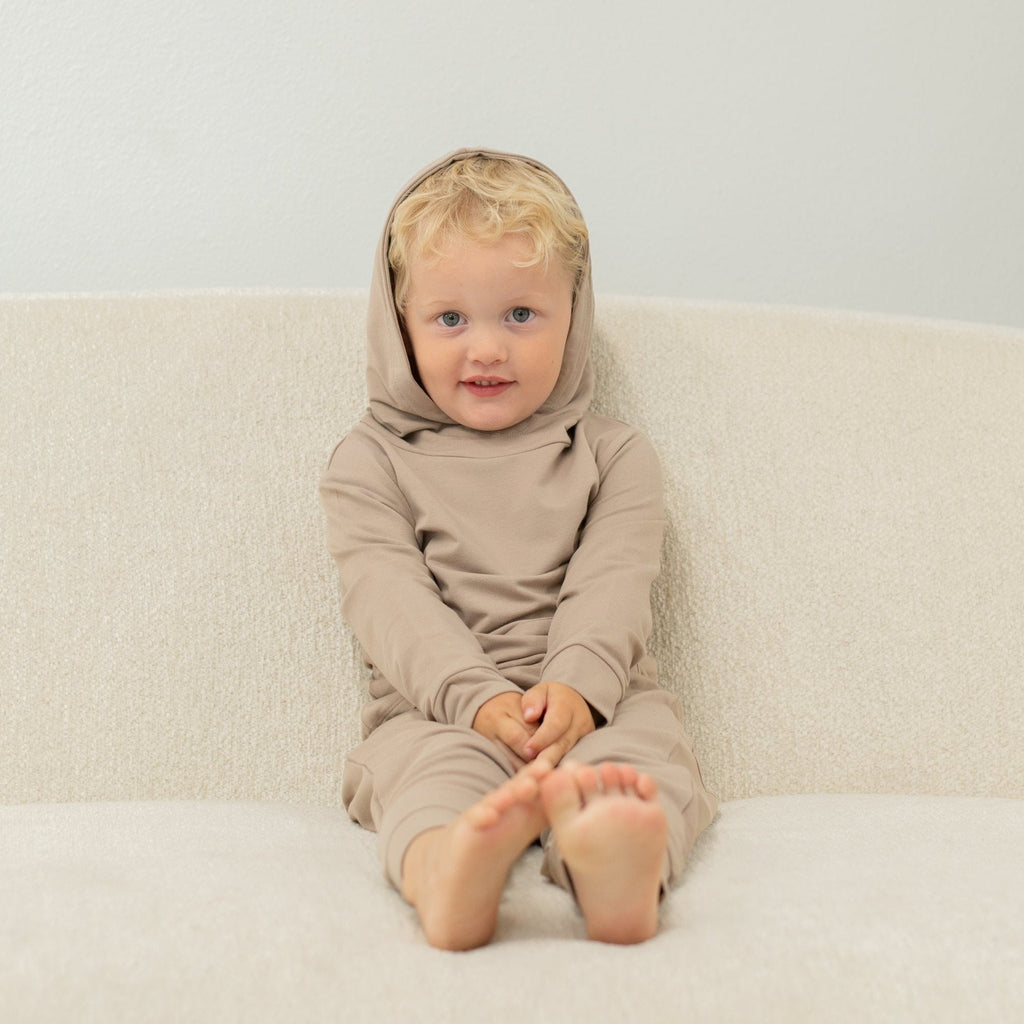Taupe hooded jogger set on child, hooded sweatshirt and jogger pants