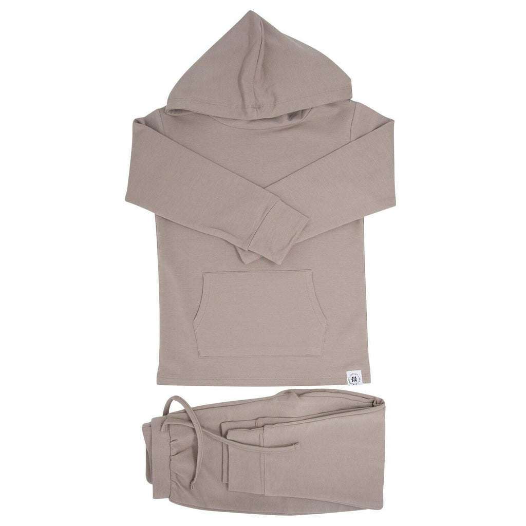 Taupe hooded sweatshirt and matching jogger pants set, folded