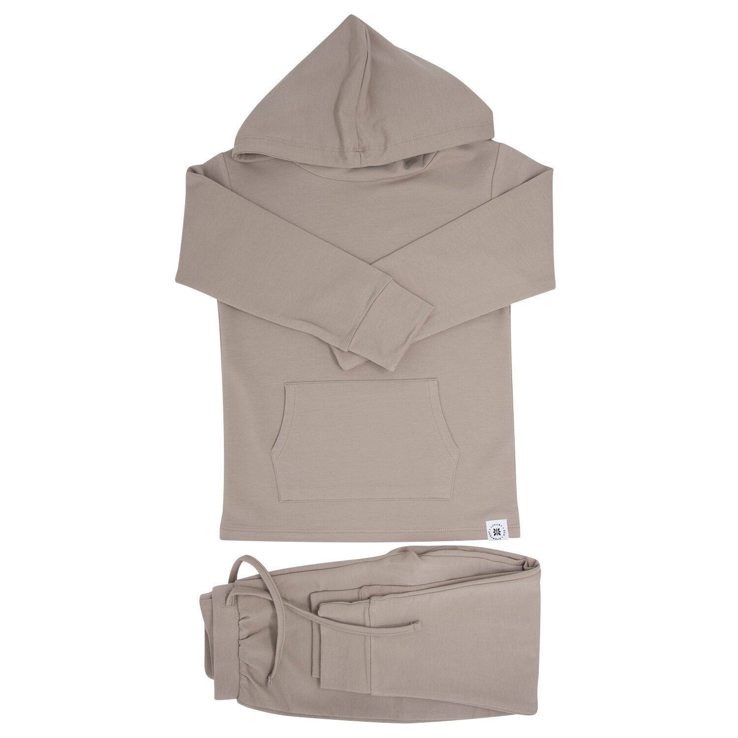 Taupe hooded sweatshirt and matching jogger pants set, folded