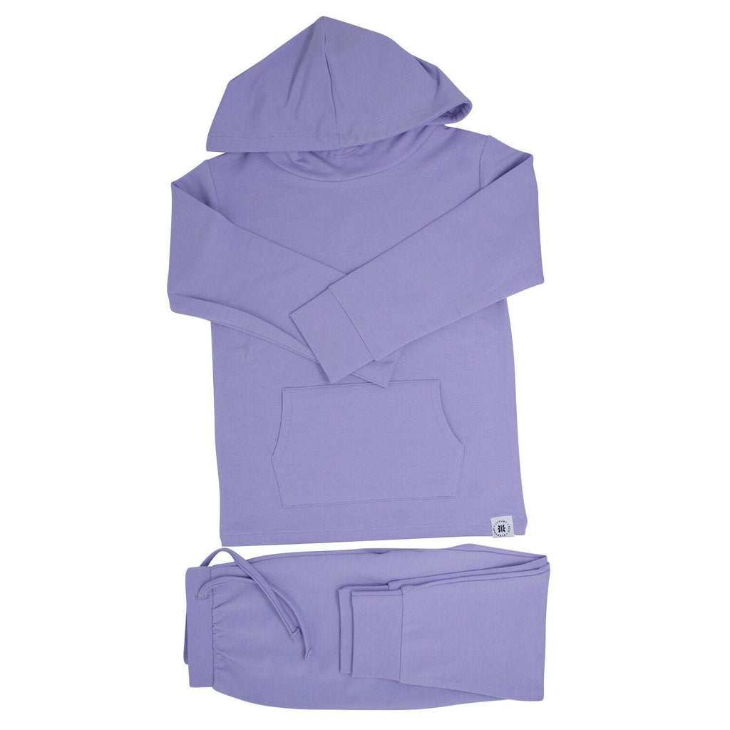 Kids hooded jogger set in lavender purple, hoodie and joggers laid flat