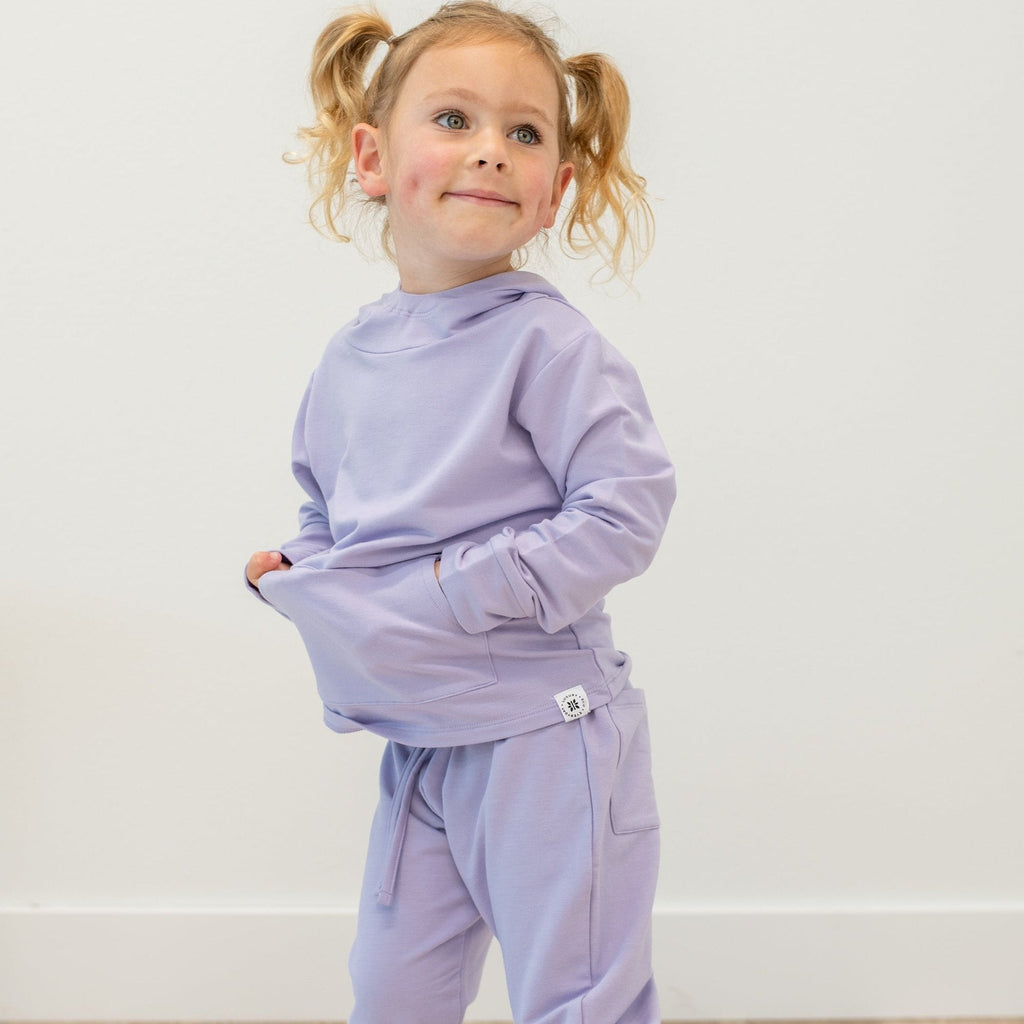 Kids hooded jogger set in light orchid purple, long sleeves with matching joggers