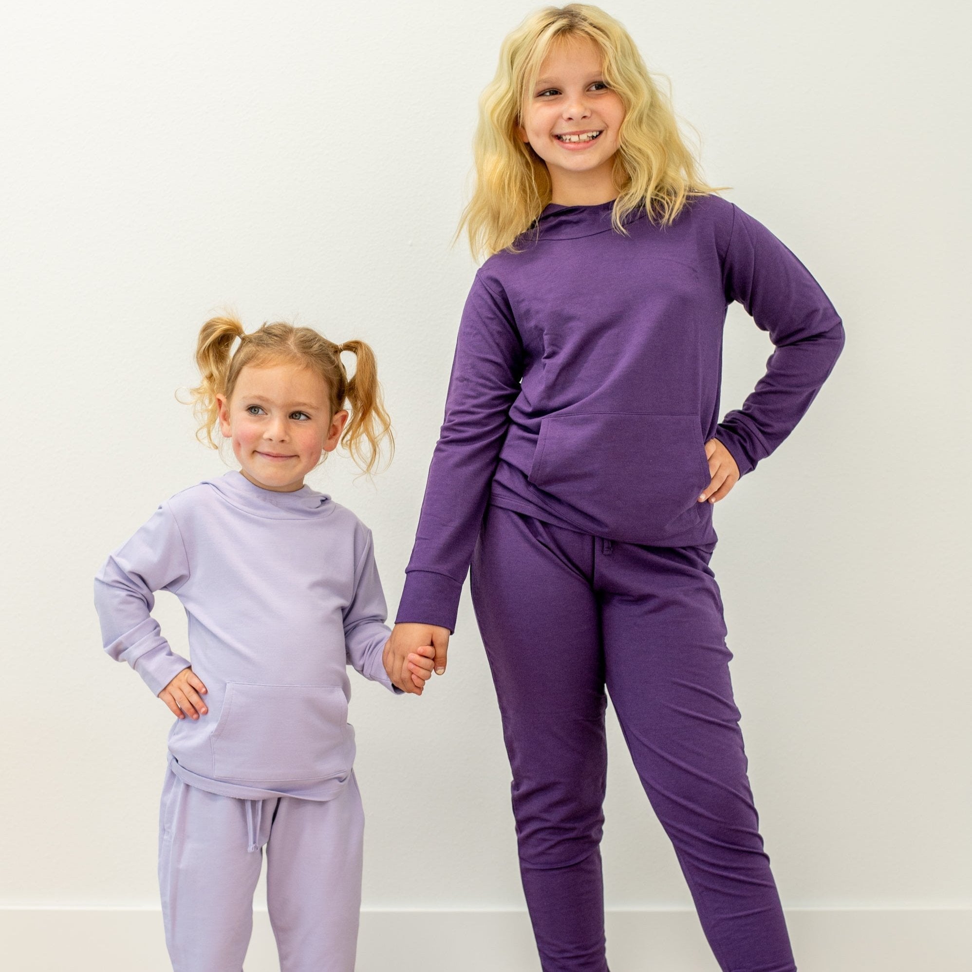 Kids hooded jogger set in dark purple and light purple, long-sleeve tops with joggers