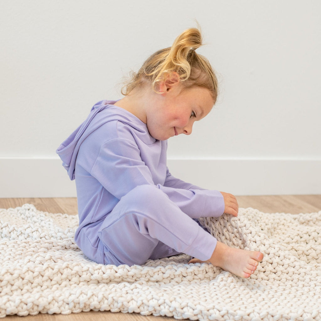 Kids lavender purple hooded jogger set with kangaroo pocket and cuffed joggers