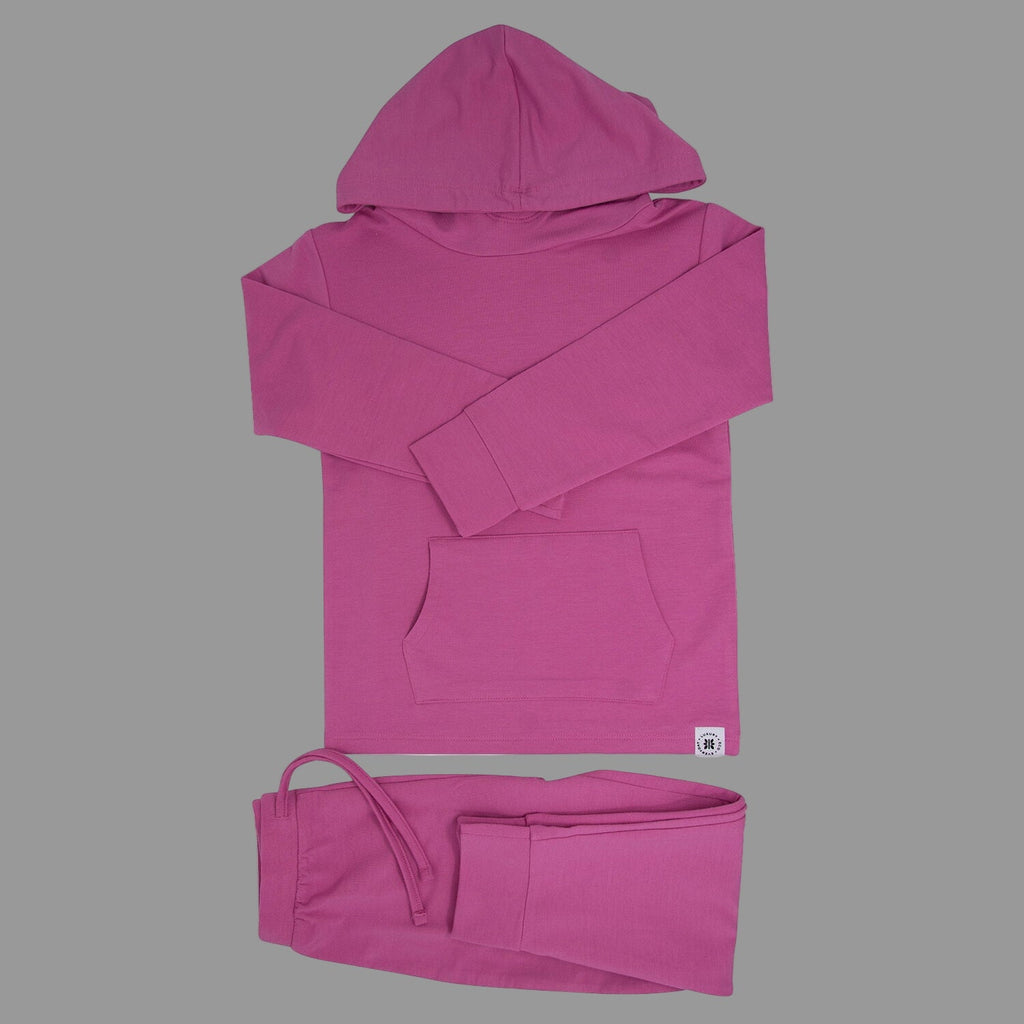 Raspberry rose hooded jogger set laid flat: hoodie top and jogger pants with elastic waist
