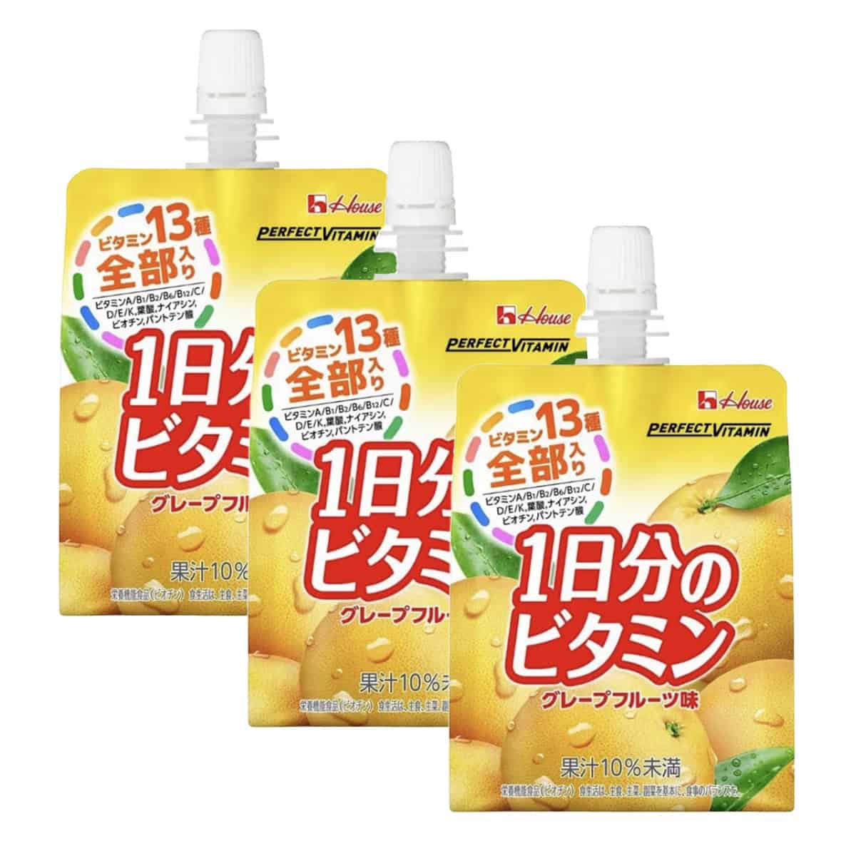 Grapefruit flavored vitamin jelly drink pouches, three with flip-top nozzles