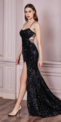 Black sequined formal gown with lace-up back and thigh slit