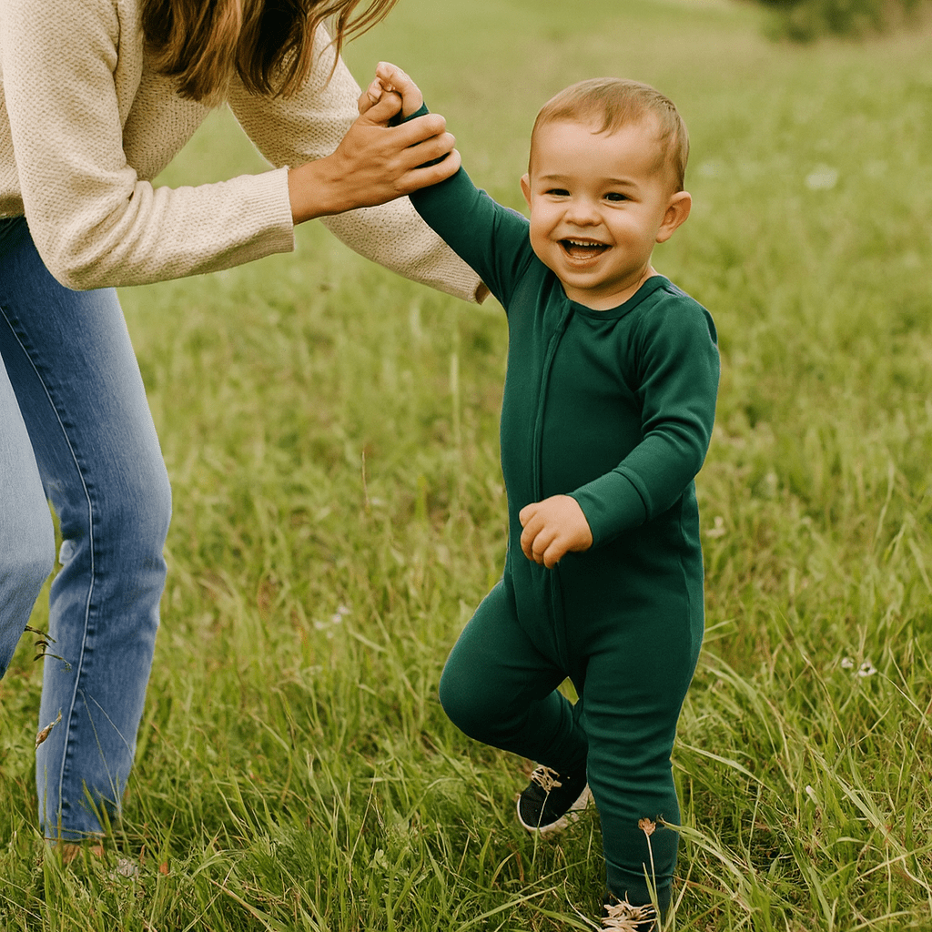 Dark green long-sleeve romper with front zipper and covered feet