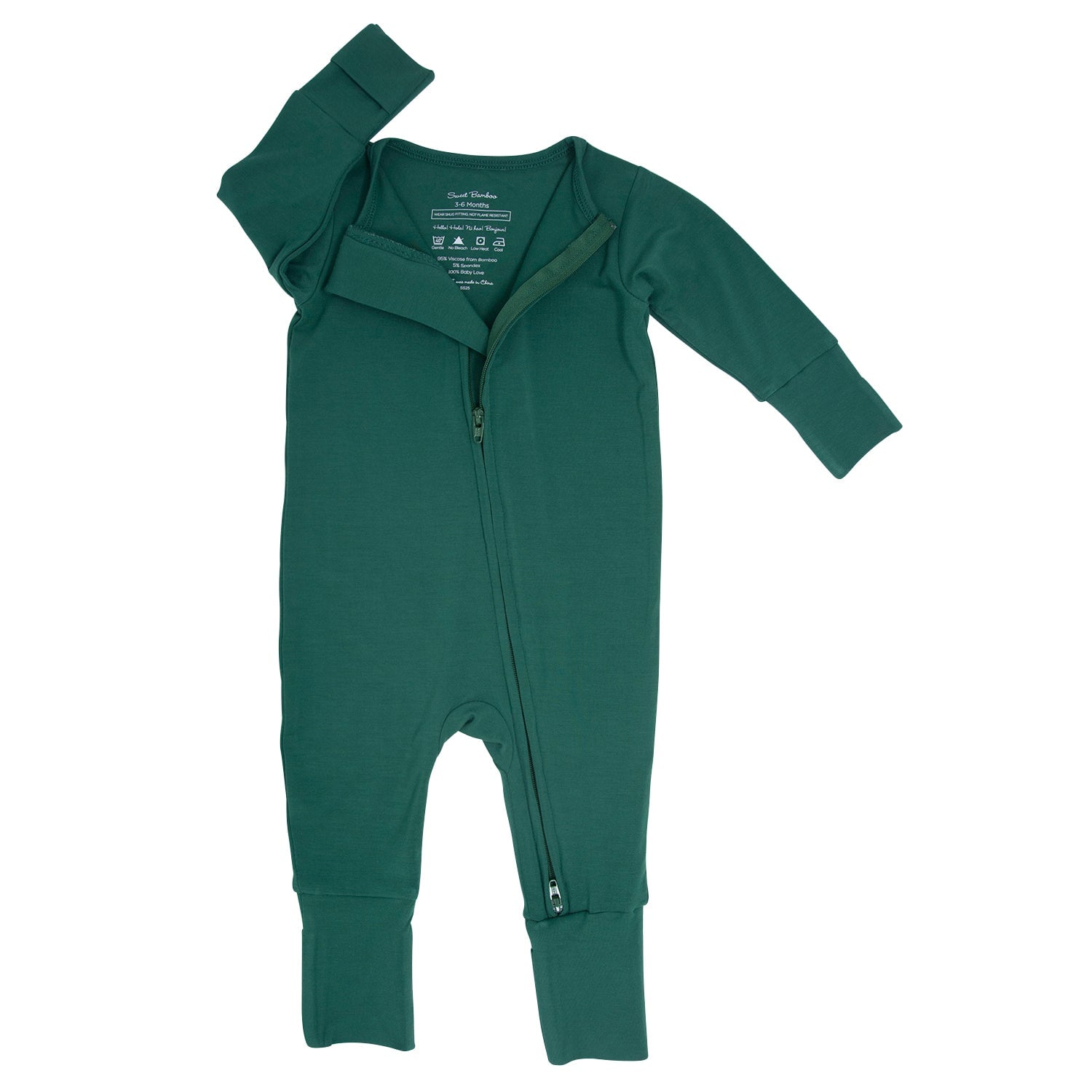 Dark green zip-front long-sleeve romper with collar and visible neck tag