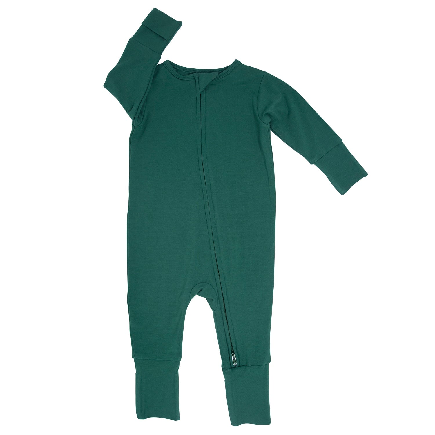 Dark green zip-front long-sleeve romper with long legs and ankle cuffs