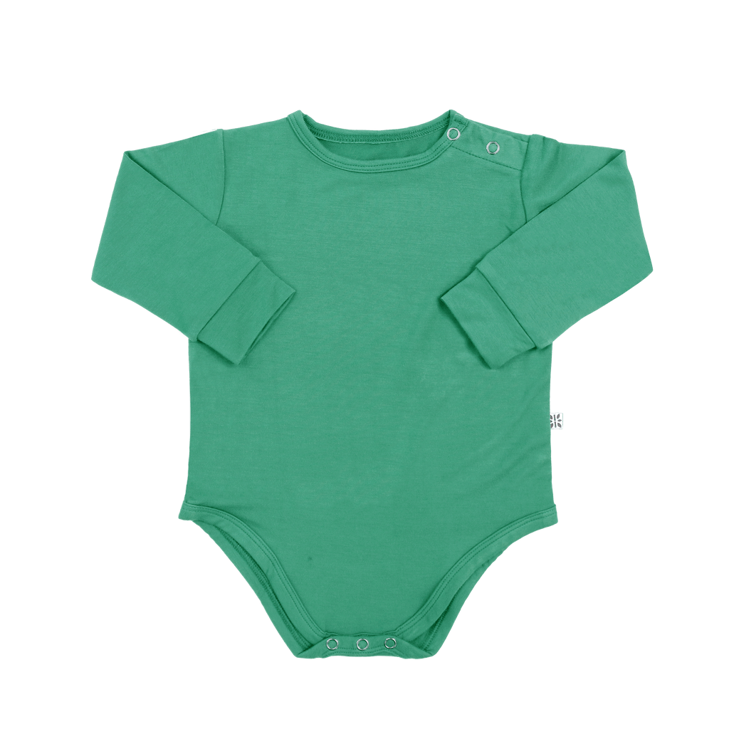 Hunter green long-sleeve bodysuit with press-stud closures at legs and shoulders