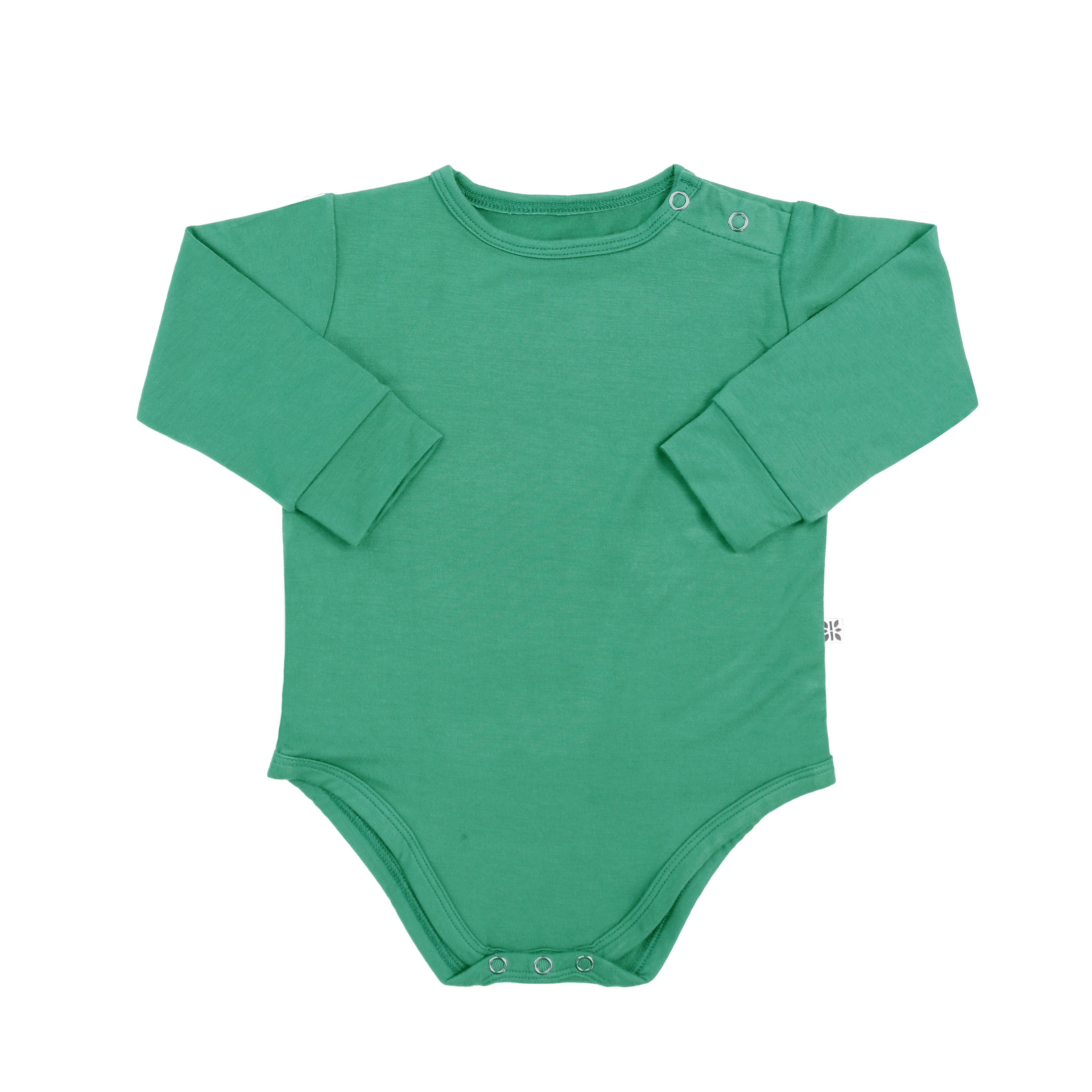 Hunter green long-sleeve bodysuit with press-stud closures at legs and shoulders