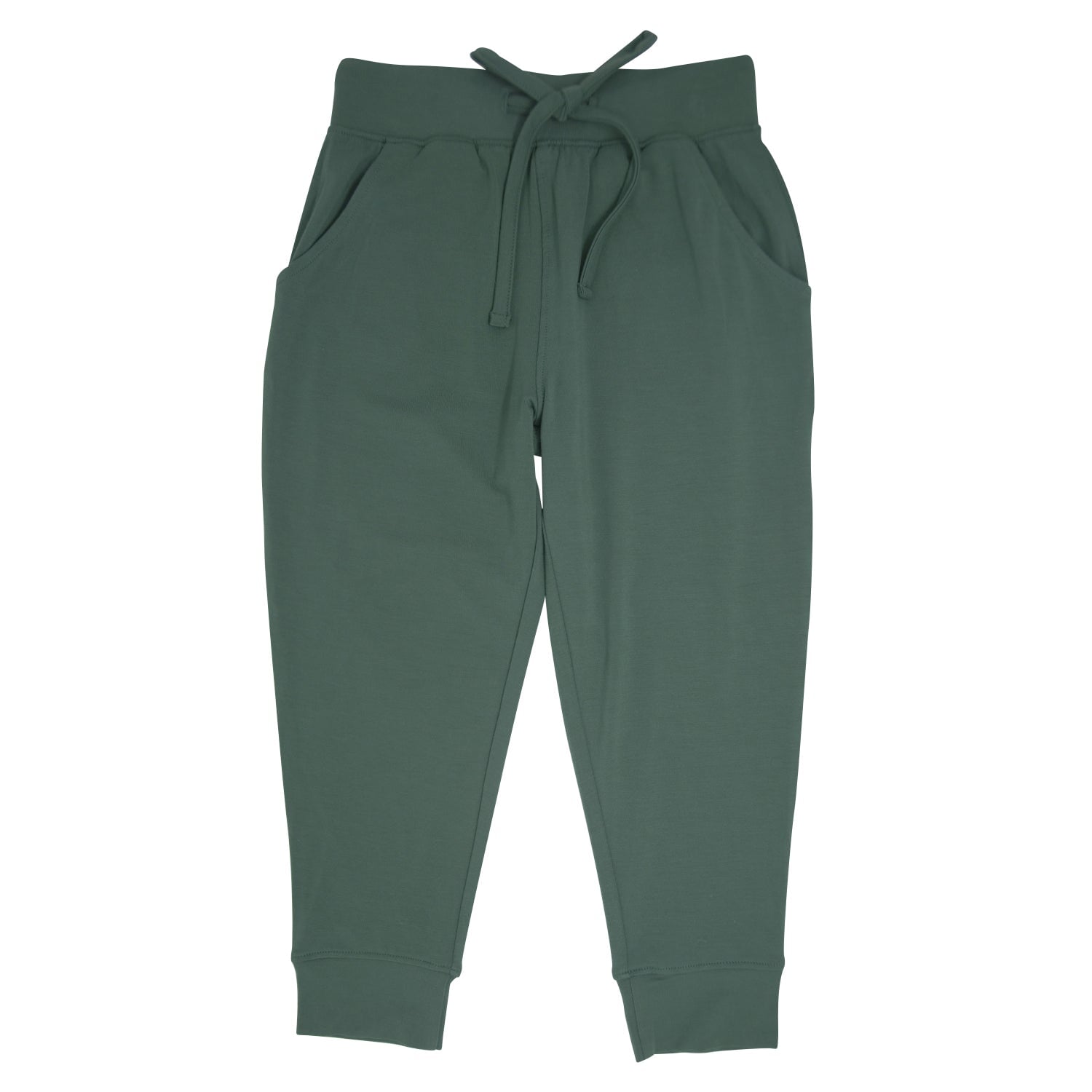 Hunter green slacker pants with front tie drawstring and tapered cuffed legs