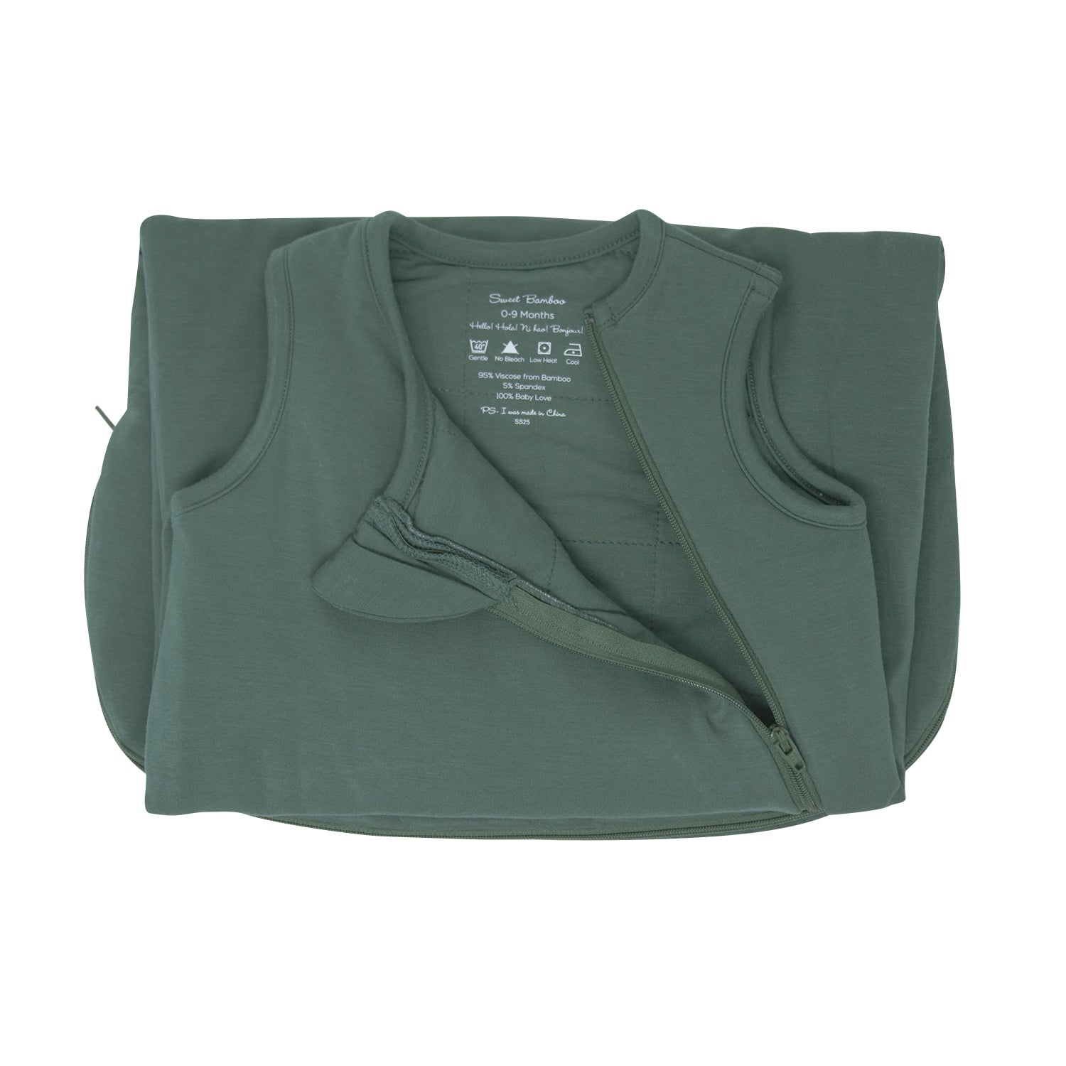Hunter green sleeveless sleep sack with diagonal zipper and inner lining