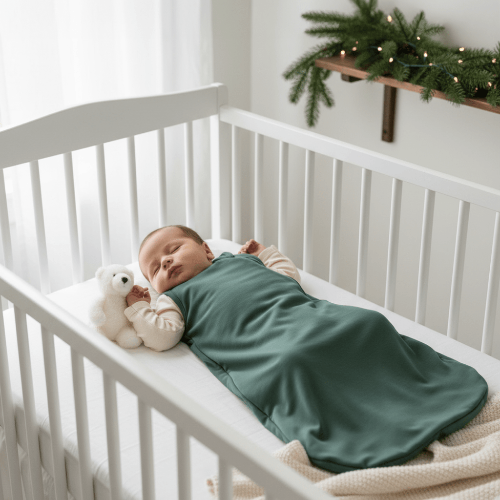 Hunter green sleeveless sleep sack with full-length zipper, worn by infant