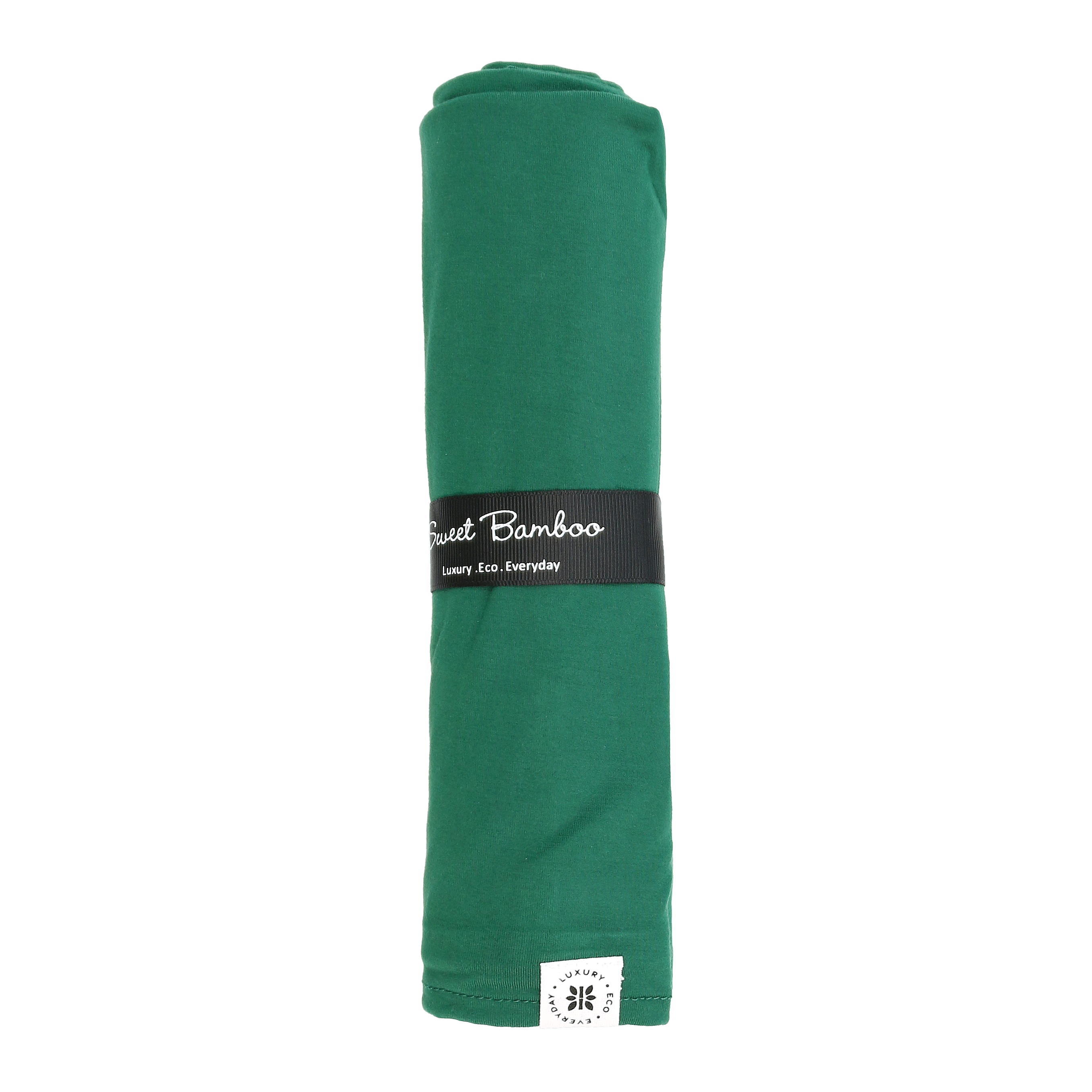 Hunter green Sweet Bamboo swaddle blanket, folded with branded band and corner logo