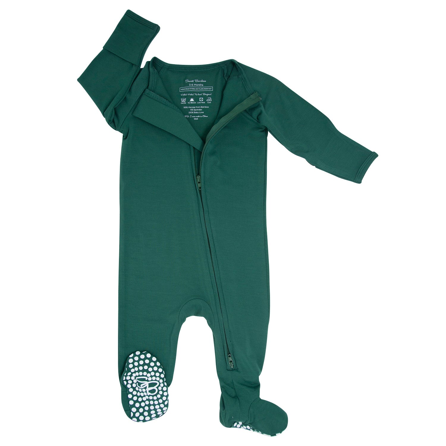 Dark green zip-front footie sleeper with long sleeves and dotted gripper feet