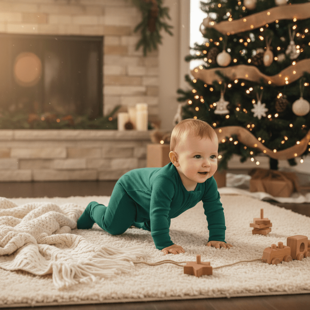 Dark green zip-front footie sleeper with long sleeves, worn with grippy soles