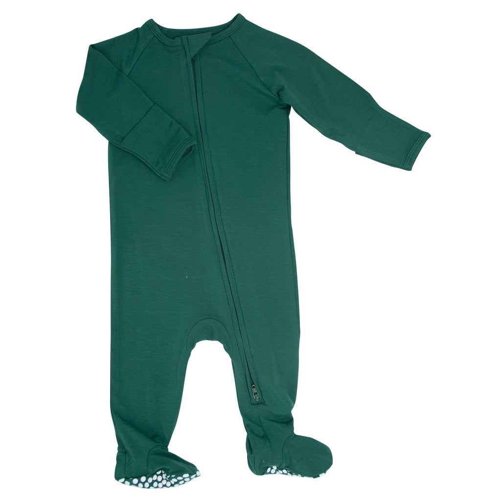 Dark green zip-front footie sleeper with long sleeves and covered feet