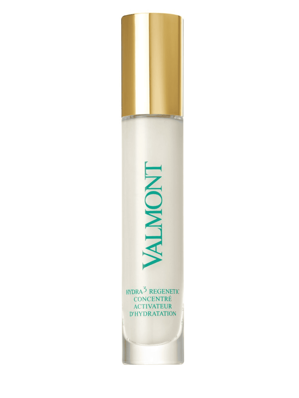 Valmont hydrating serum bottle with gold cap; white bottle with teal label text.