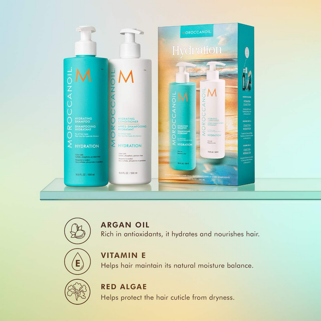 Hydration shampoo and conditioner bottles with box, blue and white pump