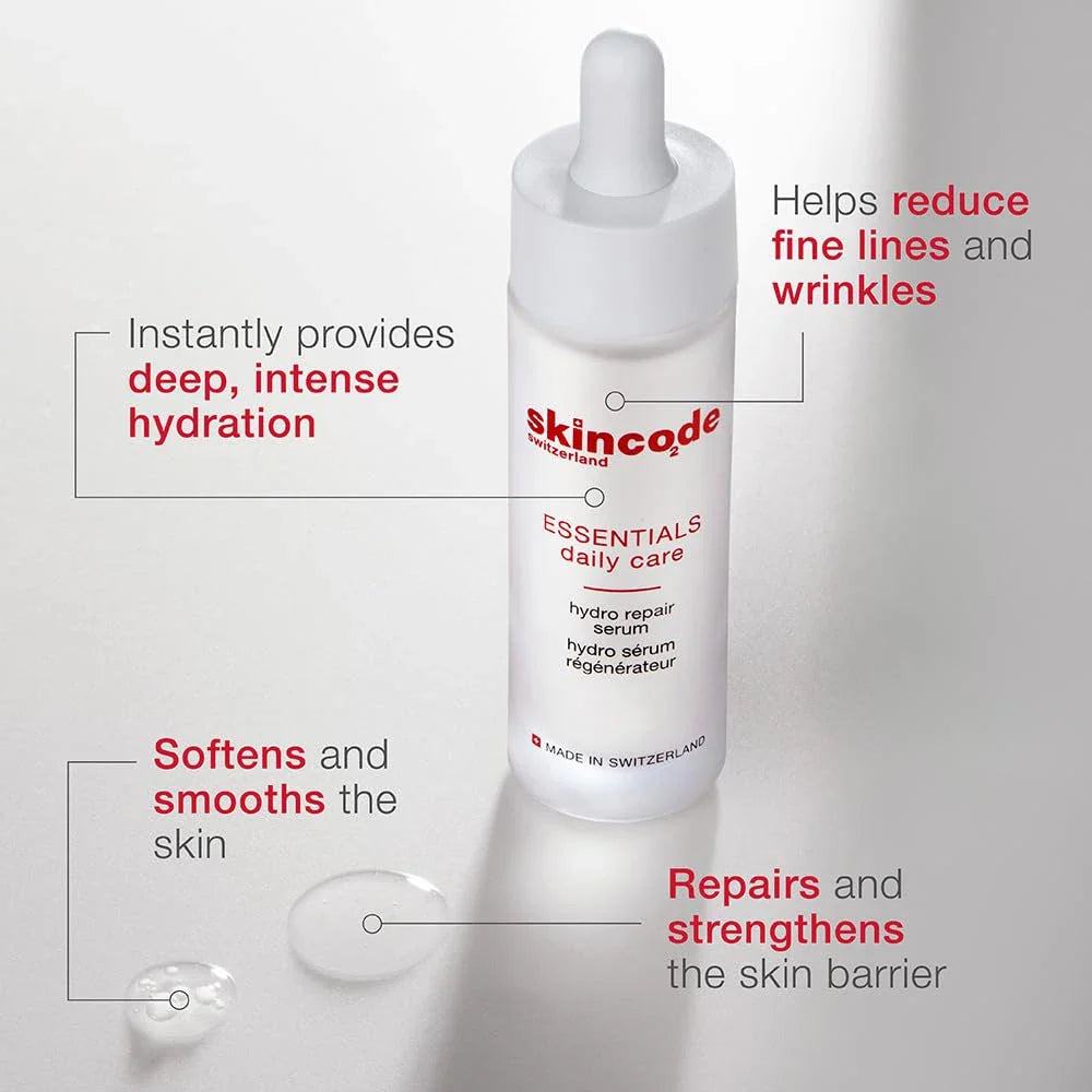 Skincode hydro repair serum bottle with dropper, white label and cap