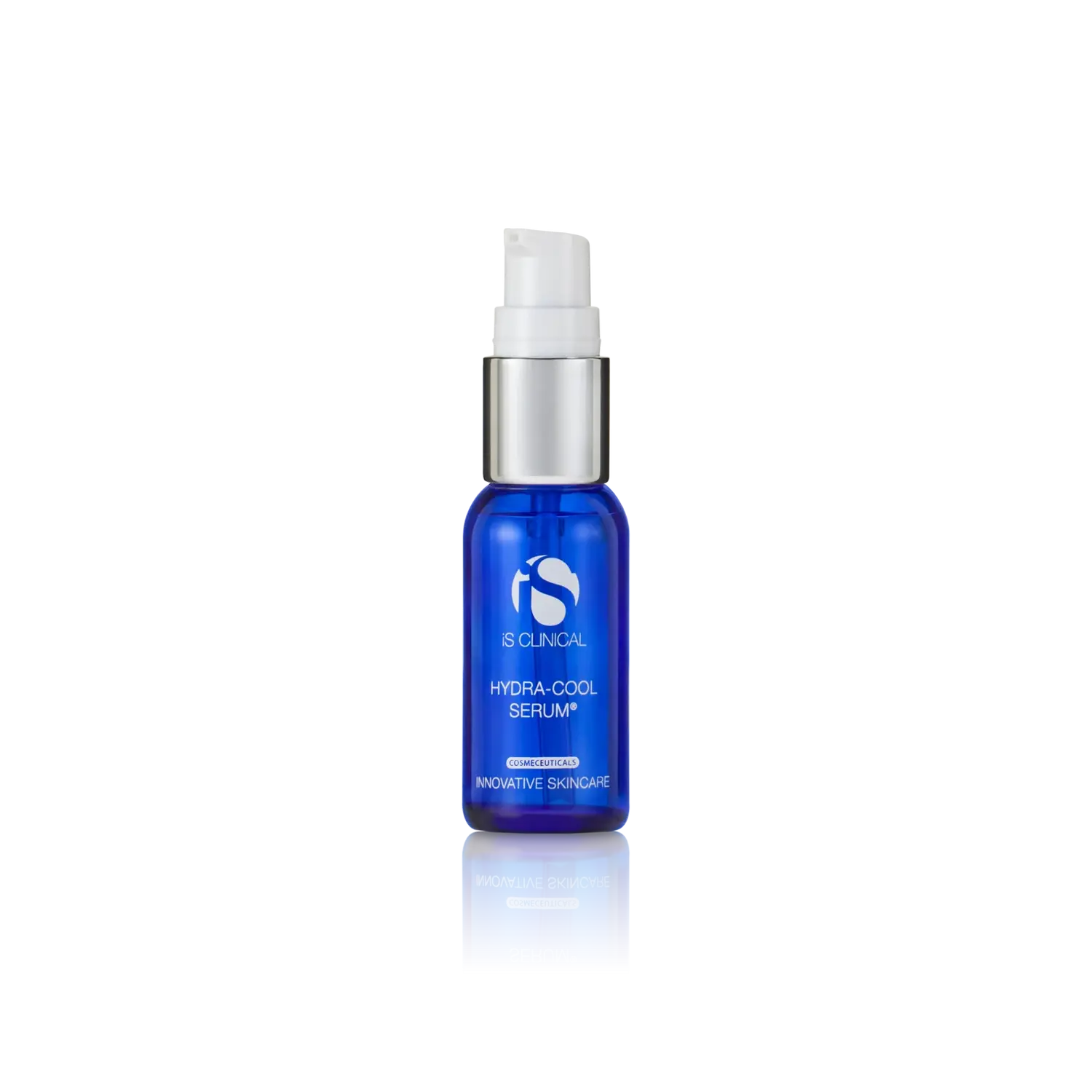iS Clinical Hydra-Cool Serum bottle with white pump and blue glass container