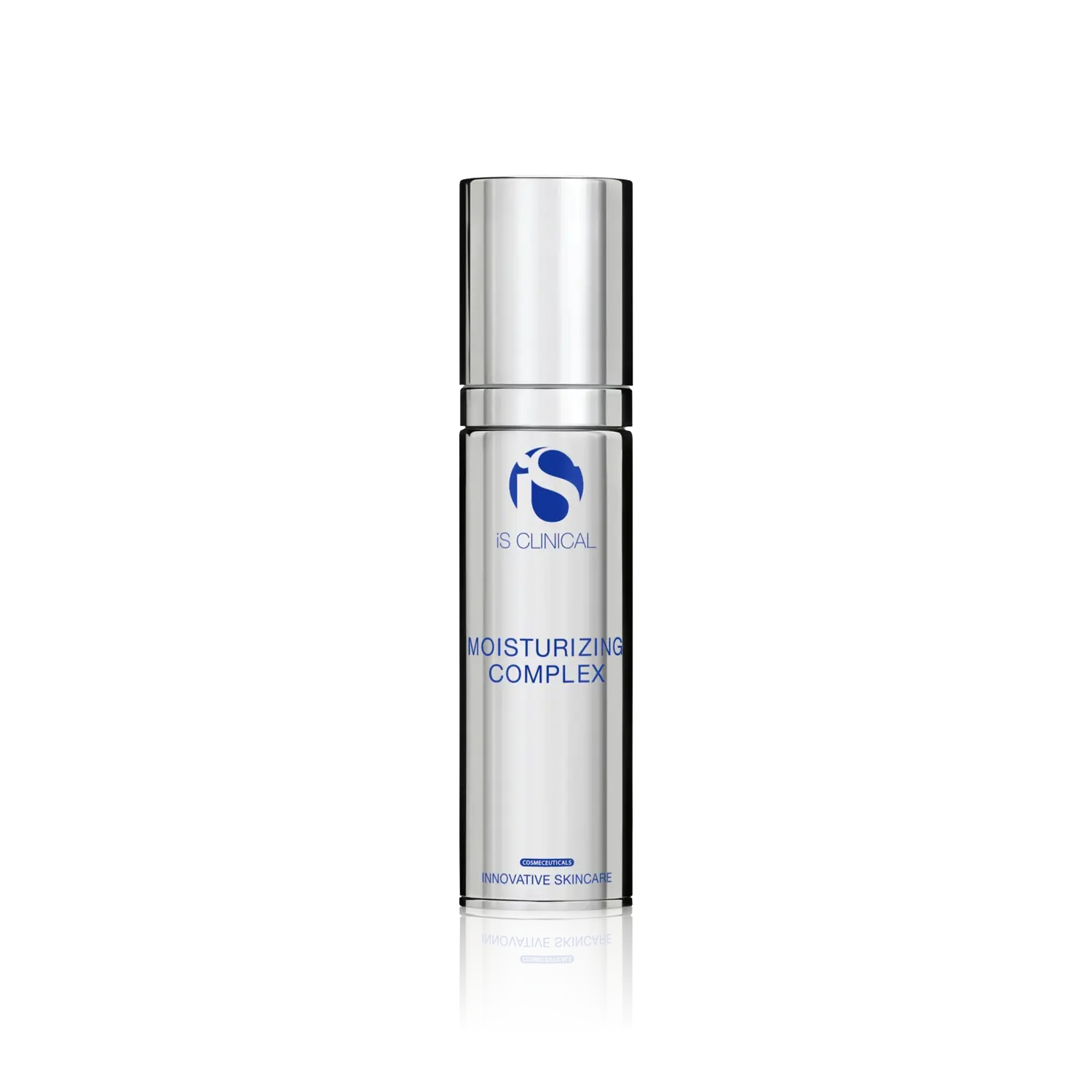 iS Clinical Moisturizing Complex bottle, silver cylinder with blue label and cap