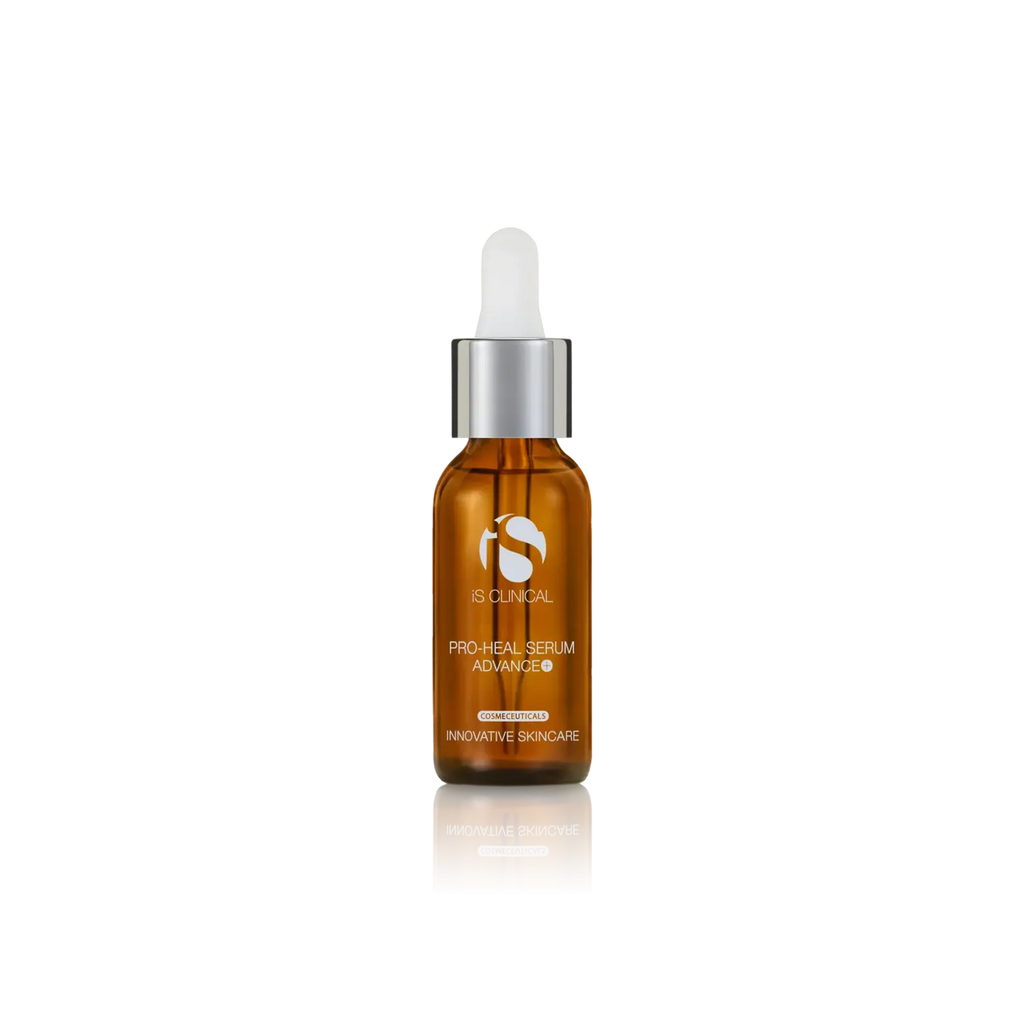 iS Clinical PRO-HEAL serum bottle with dropper, amber glass and silver cap