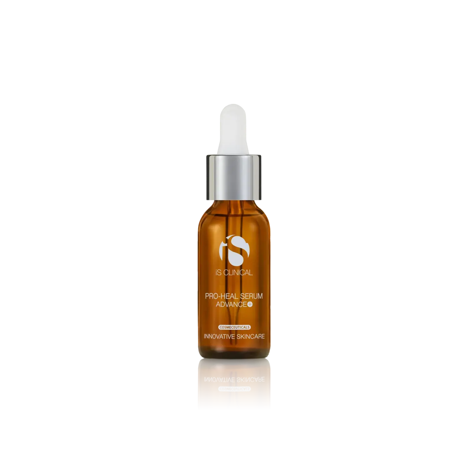iS Clinical PRO-HEAL serum bottle with dropper, amber glass and silver cap