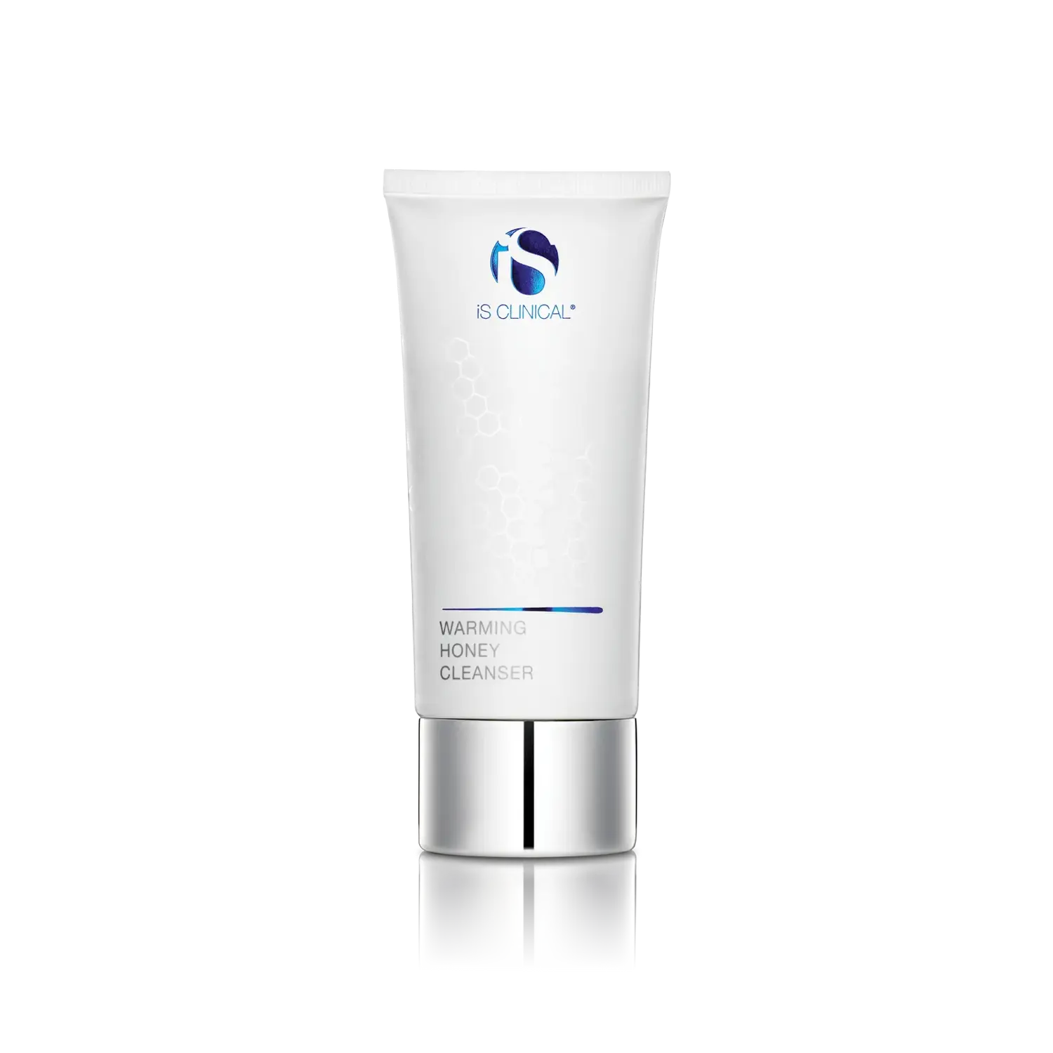 iS Clinical Warming Honey Cleanser tube, white with silver base and blue logo