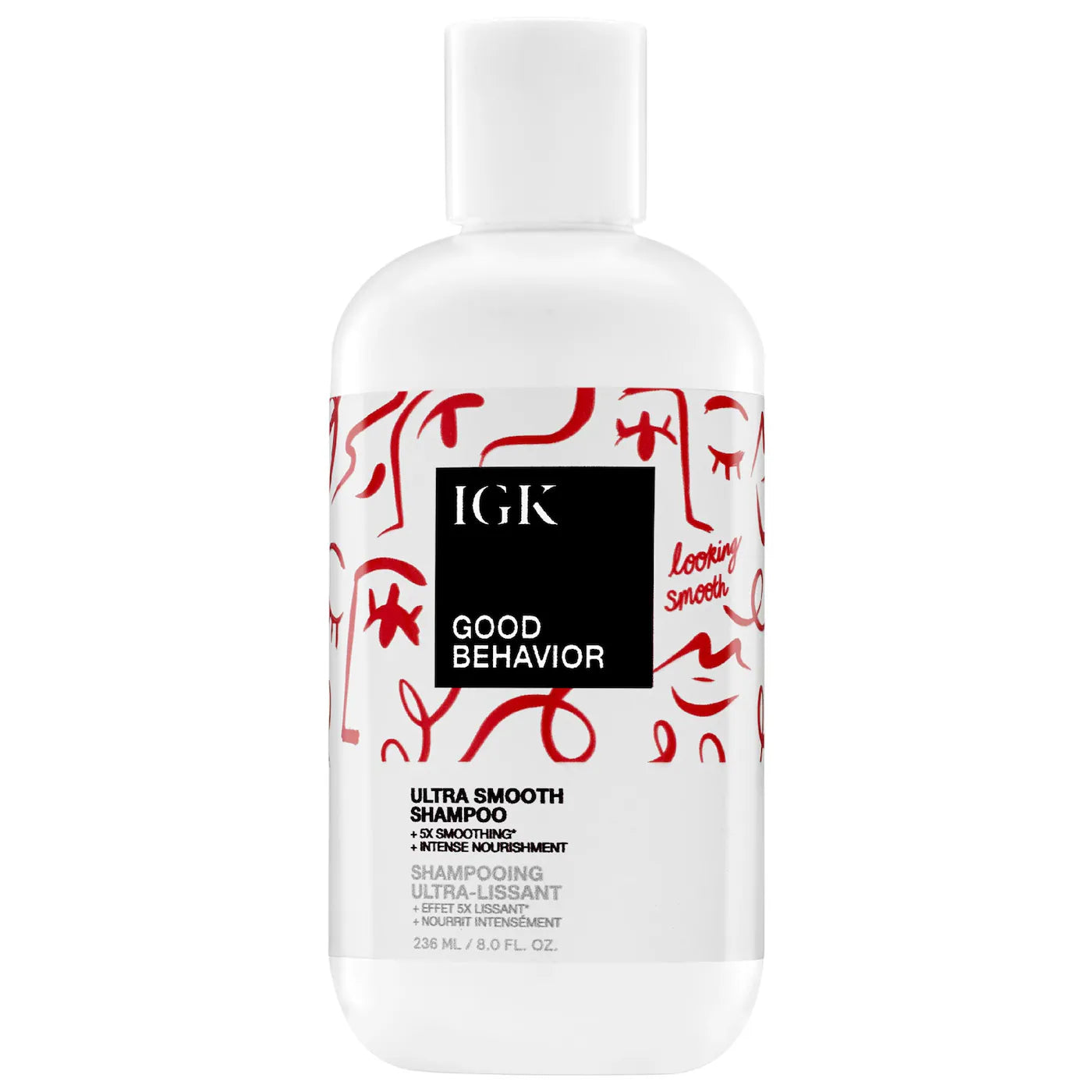 IGK Good Behavior Ultra Smooth shampoo bottle, white with red and black label