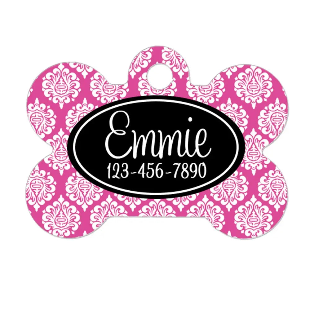 Personalized pet ID tag with pink damask bone shape and name and phone number text