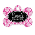 Personalized pet ID tag with pink damask bone shape and name and phone number text