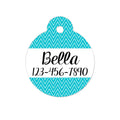 Round turquoise chevron cat ID tag with name and phone number