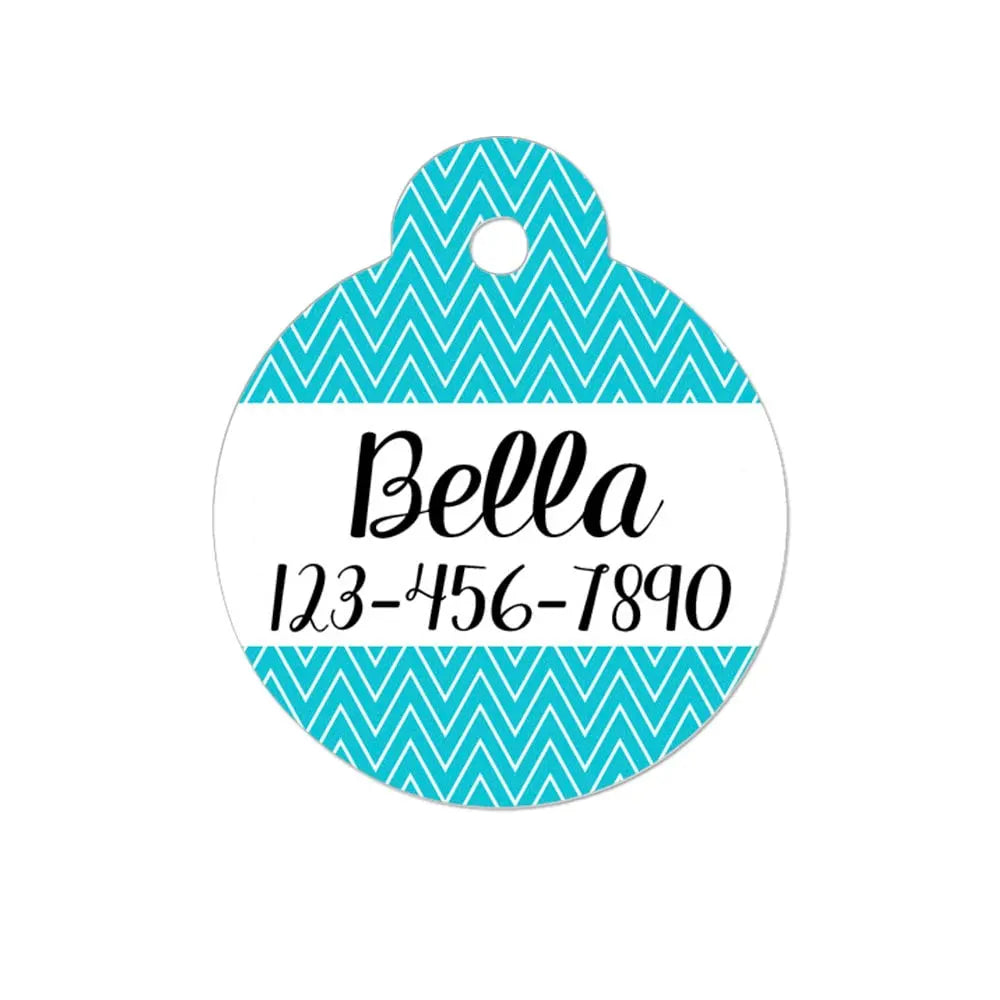 Round turquoise chevron cat ID tag with name and phone number