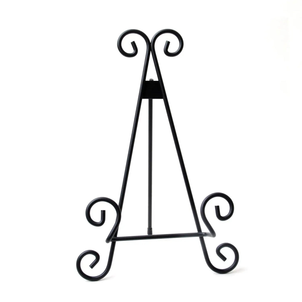 Black metal A-frame display stand with decorative scroll feet.