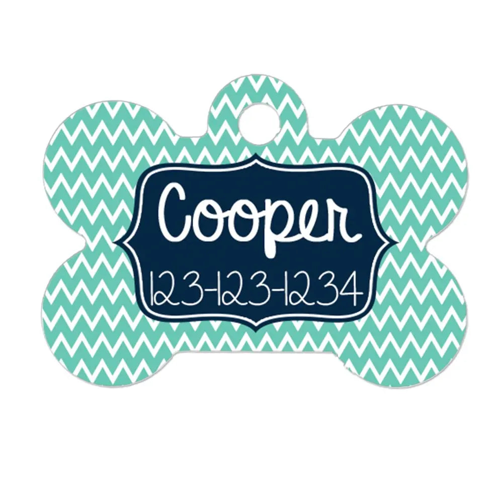 Mint and teal chevron bone-shaped dog ID tag with name and ID numbers