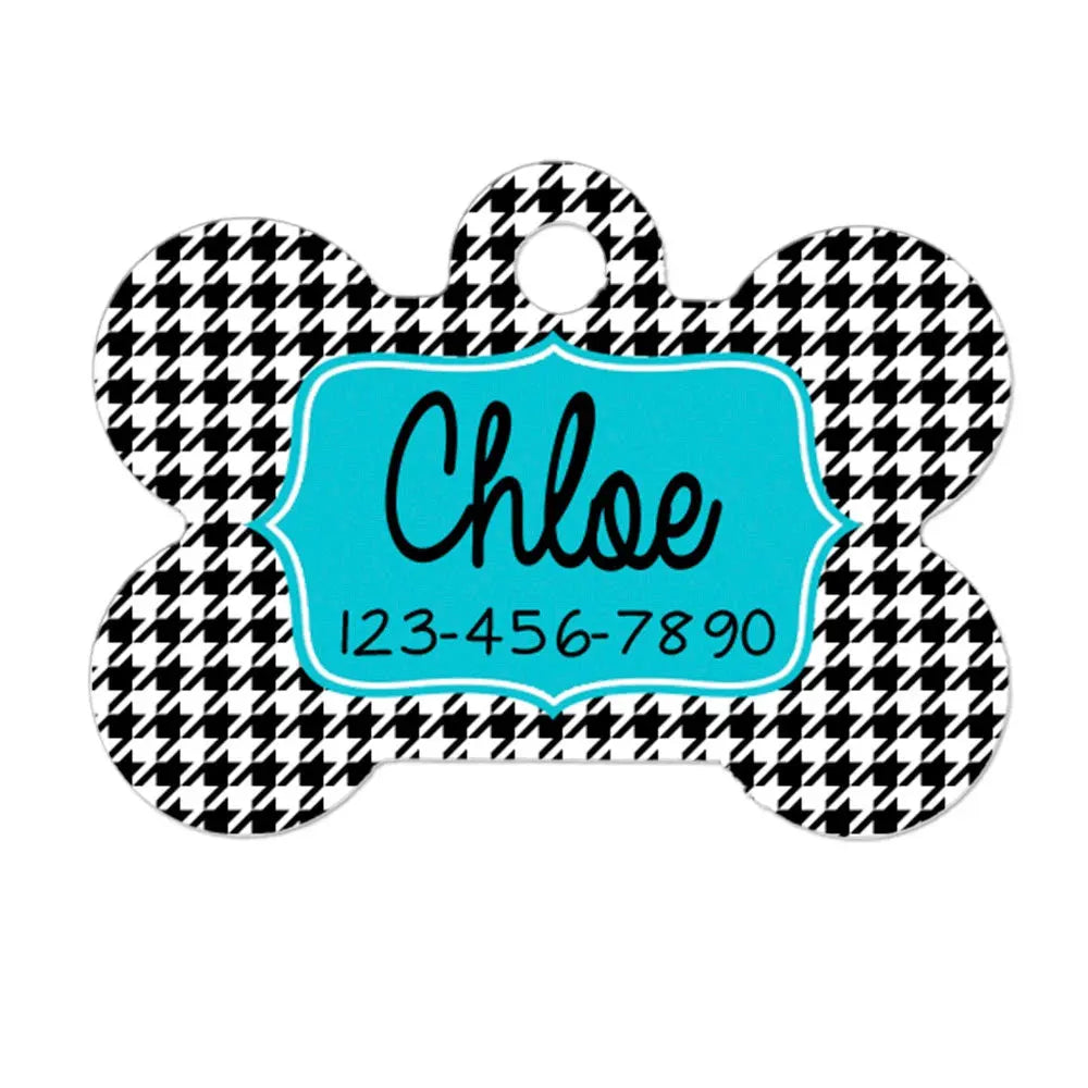 Houndstooth dog ID tag with turquoise name plate, personalized 'Chloe' and number 123-456-7890